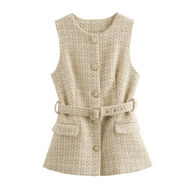 Round Neck Tweed Belted Button Vest