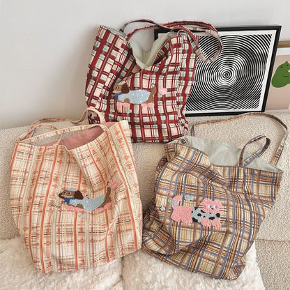 Plaid Cartoon Applique Corduroy Tote Bag