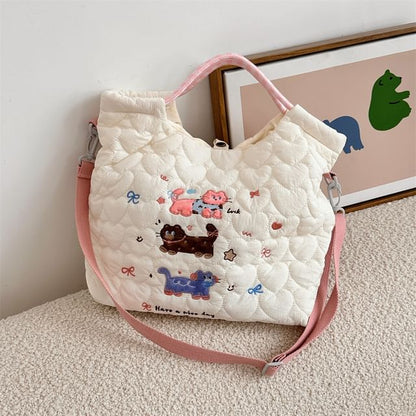 Cartoon Embroidered Heart Quilted Tote Bag