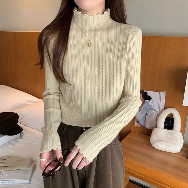 Long-Sleeve Mock Neck Plain Jacquard Lettuce Edge Knit Top