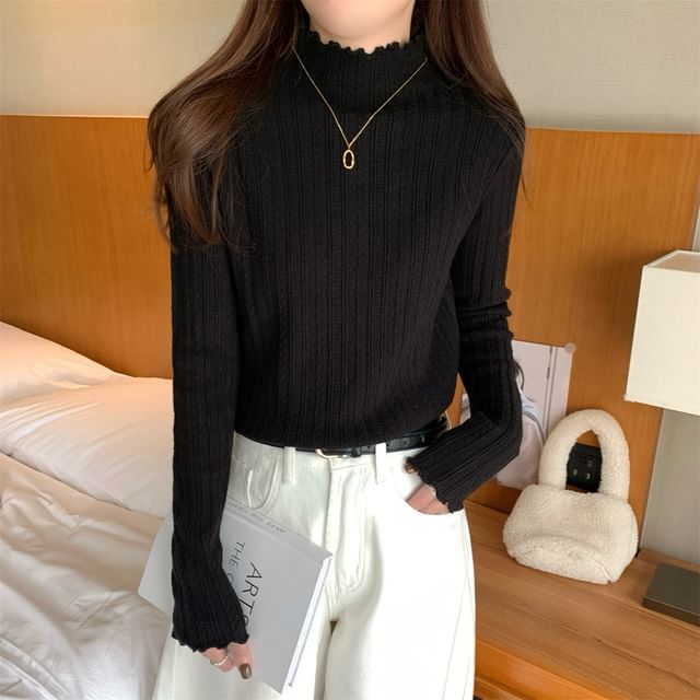 Long-Sleeve Mock Neck Plain Jacquard Lettuce Edge Knit Top