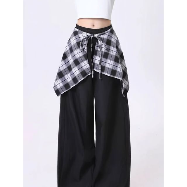 High Rise Mock Two Piece Plaid Panel Loose-Fit Wide-Leg Pants