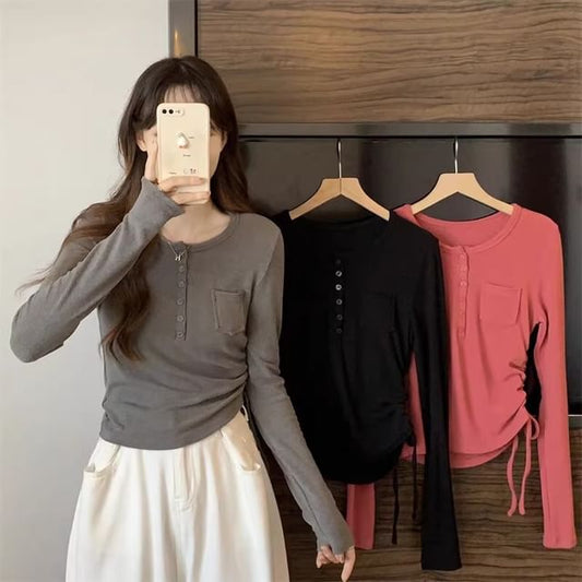 Long-Sleeve Half Buttoned Plain Top