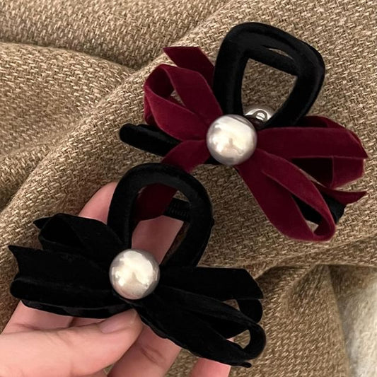 Velvet Bow Faux Pearl Hair Claw