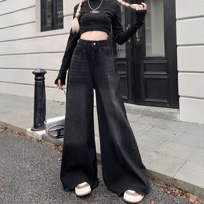 High Waist Washed Frayed Wide Leg Jeans