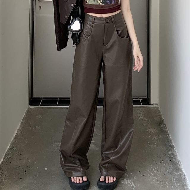 High Waist Plain Faux Leather Wide Leg Pants