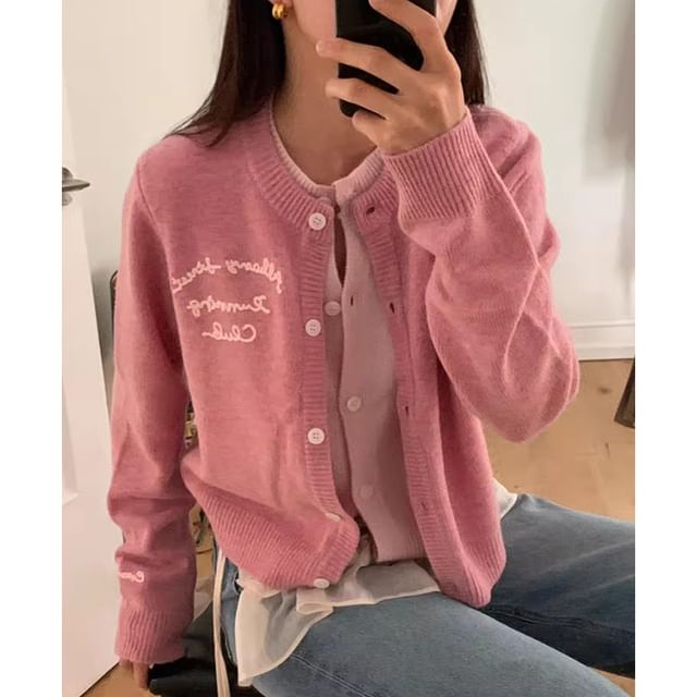 Round Neck Lettering Embroidered Mock Two Piece Cardigan