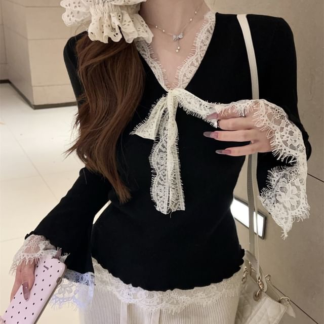 Long-Sleeve V-Neck Lace Panel Tie Front Slim Fit Knit Top