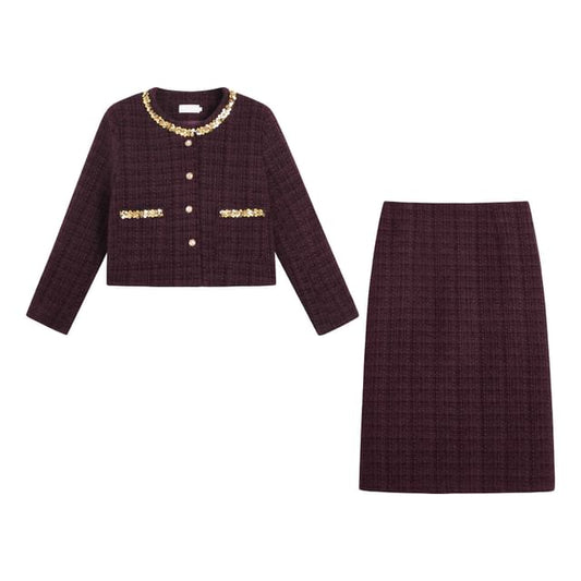 Set: Round Neck Sequin Tweed Button Jacket + High Waist Midi Straight Skirt