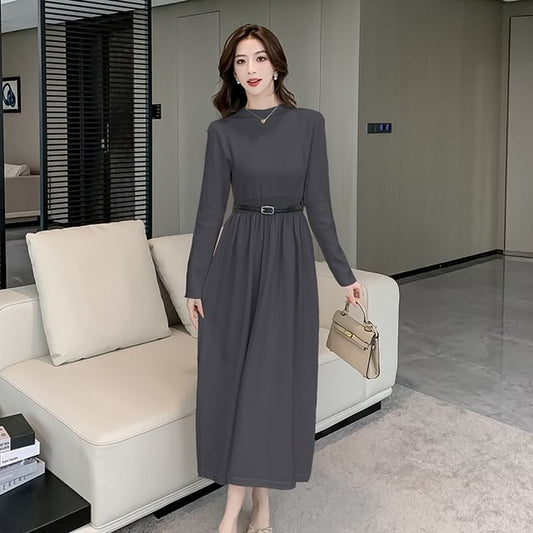 Long-Sleeve Mock Neck Plain Cutout Back Midi A-Line Knit Dress