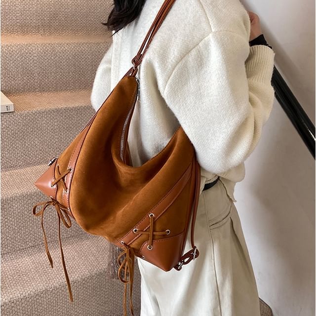 Lace-Up Faux Suede Convertible Shoulder Bag