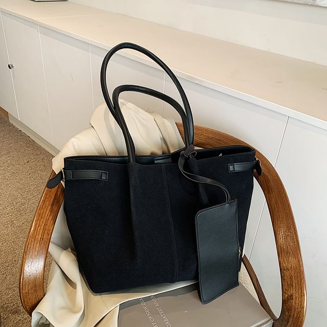 Buckled Faux Suede Tote Bag With Faux Leather Card Holder