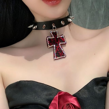 Cross Rhinestone Pendant Studded Faux Leather Choker