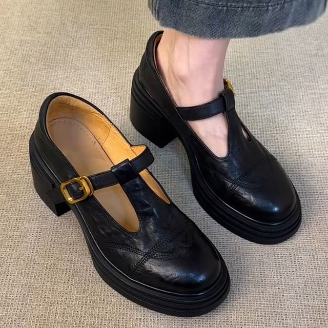 Platform T-Strap Plain Faux Leather Mary Jane Shoes