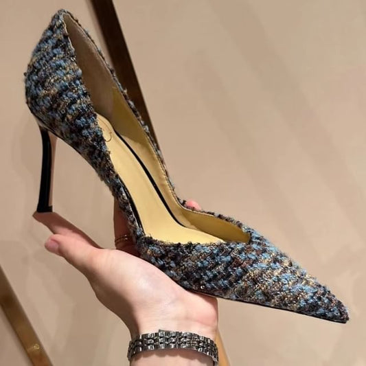 Stiletto Tweed Pumps Pointed Toe Sequin