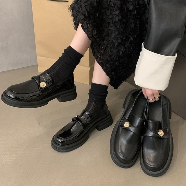 Metal Faux Platform Loafers Accent Leather