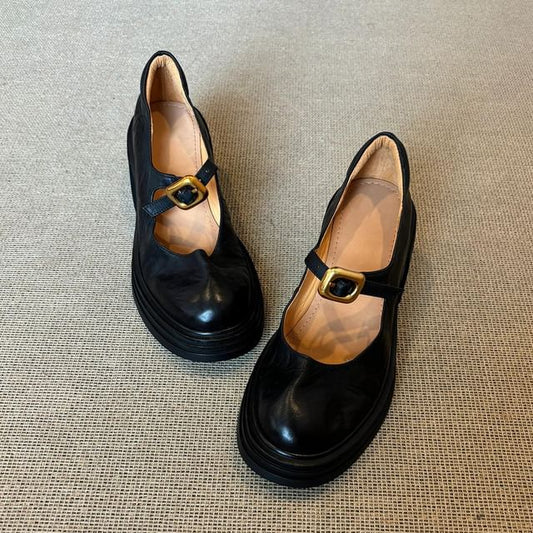 Leather Shoes Faux Heel Buckled Plain Mary Chunky Jane
