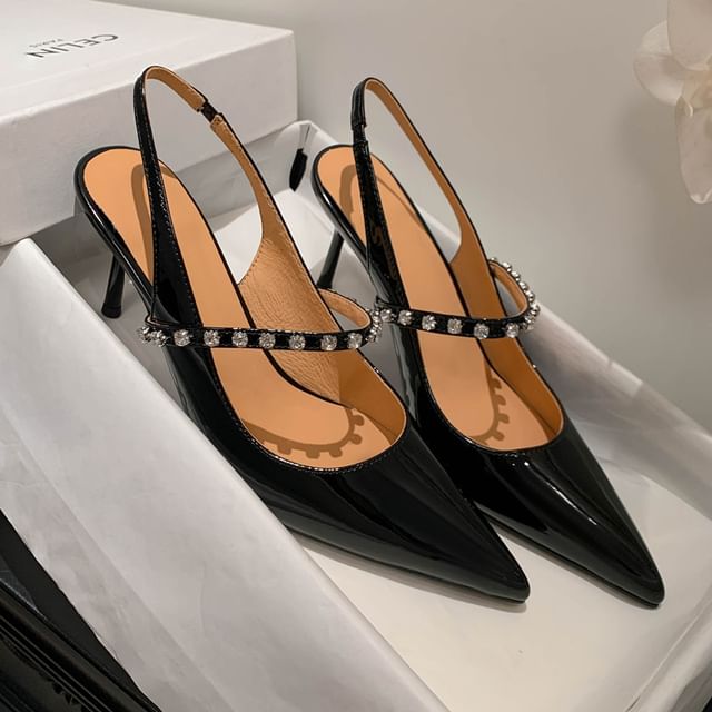 Patent Pointed Leather Slingback Sandals Toe Accent Rhinestone Stiletto
