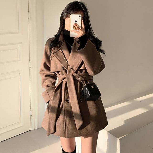 Long Sleeve Lapel Double-Breasted Belted Woolen Blend Coat