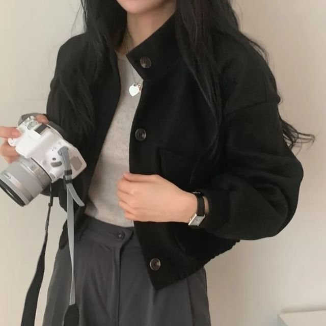 Stand Collar Single-Breasted Woolen Croped Jacket