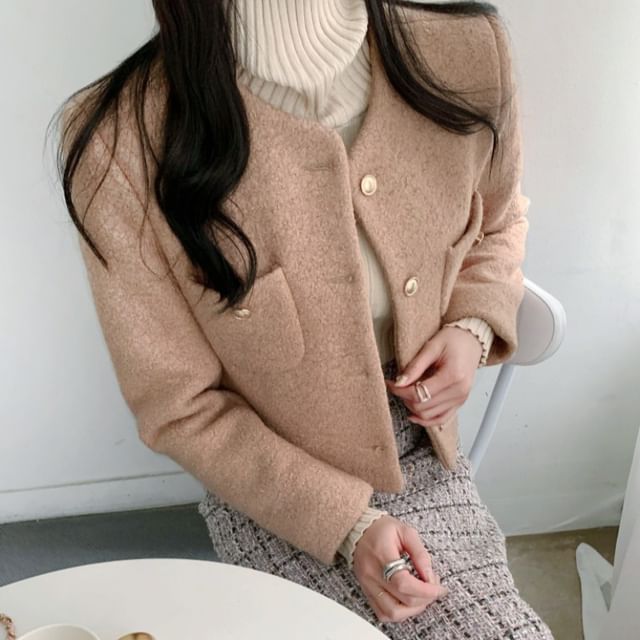 Long Sleeve Round Neck Tweed Cropped Jacket