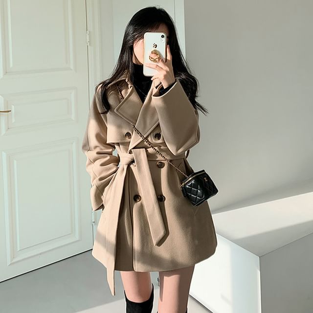 Long Sleeve Lapel Double-Breasted Belted Woolen Blend Coat