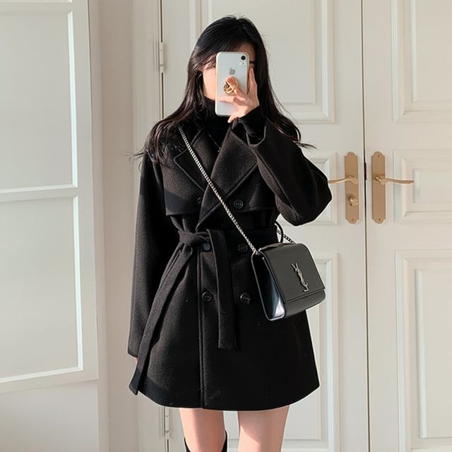 Long Sleeve Lapel Double-Breasted Belted Woolen Blend Coat