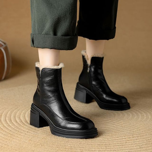 Chunky Heel Plain Fleece-Lined Genuine Leather Short Boots