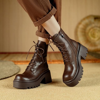 Platform Plain Lace-Up Genuine Leather Short Boots