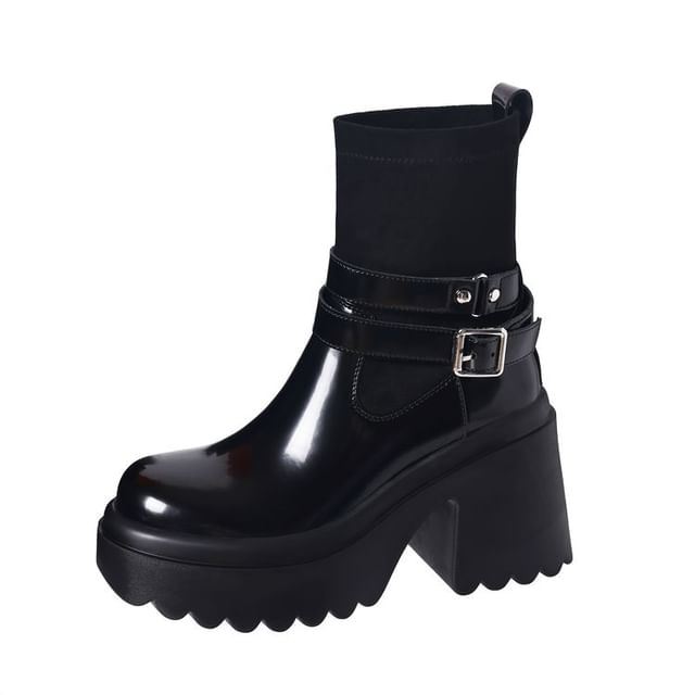 Platform Plain Buckled Genuine Leather Short Boots