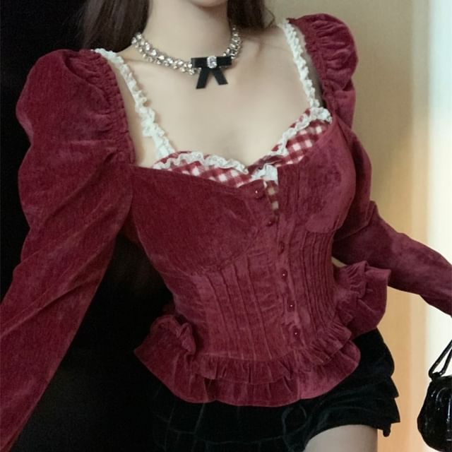 Long-Sleeve Plain Velvet Button Slim Fit Top / Plaid Lace Panel Cami Top