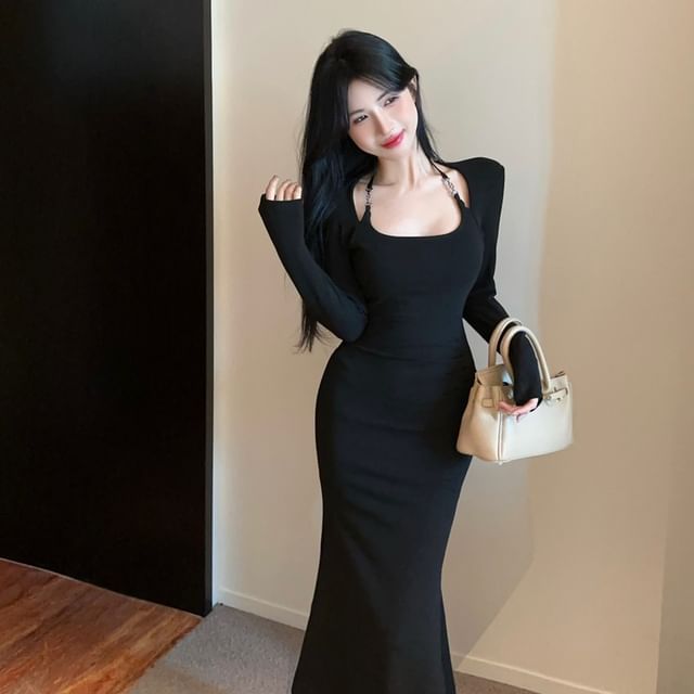 Long-Sleeve Halter Plain Maxi Mermaid Dress