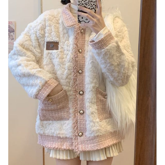 Collar Applique Fringed Tweed Panel Fleece  Button Jacket