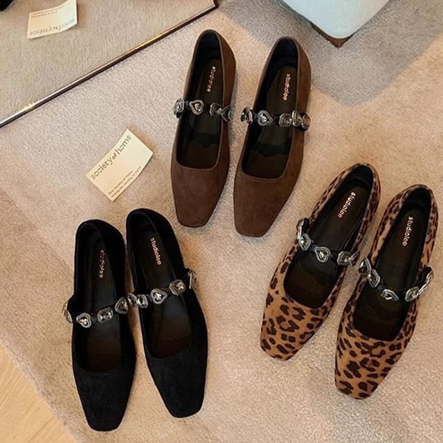 Buckled Faux Heart Flats Leather