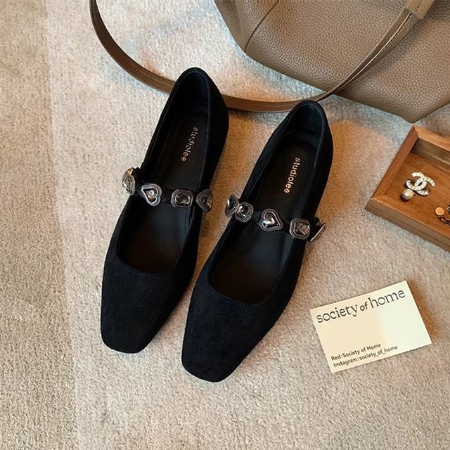 Buckled Faux Heart Flats Leather