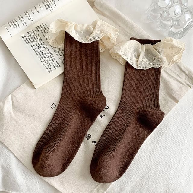 Plain Lace Trim Ribbed Socks