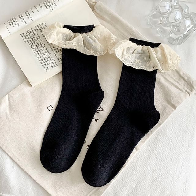 Plain Lace Trim Ribbed Socks