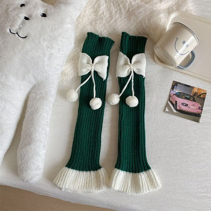 Two Tone Bow Pom Pom Ribbed Knit Leg Warmers