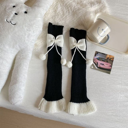 Two Tone Bow Pom Pom Ribbed Knit Leg Warmers