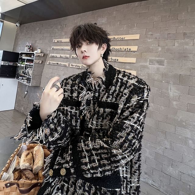 Stand Collar Fringe Tweed Button Jacket