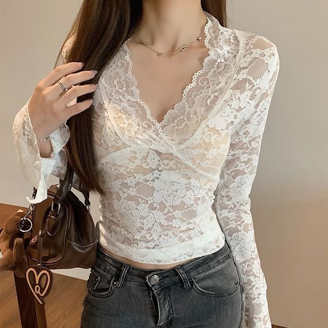 V-Neck Lace Long-Sleeve Blouse