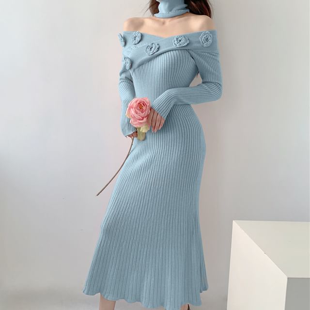 Long-Sleeve Off-Shoulder Plain Flower Detail Ribbed Knit Maxi Sheath Dress