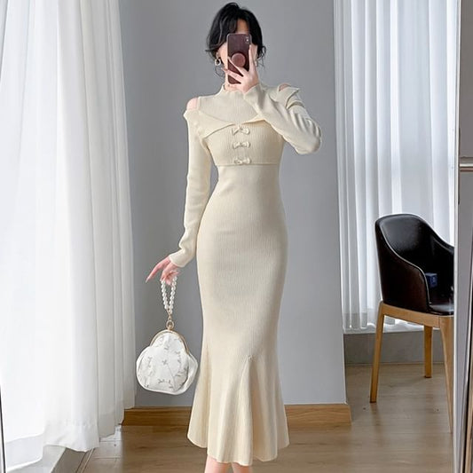 Long-Sleeve Cold-Shoulder Plain Bow Ribbed Knit Midi Mermaid Dress