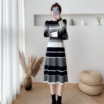 Long-Sleeve Crew Neck Striped Ribbed Knit Midi A-Line Dress