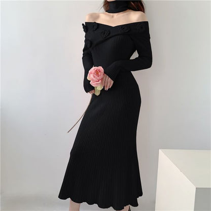 Long-Sleeve Off-Shoulder Plain Flower Detail Ribbed Knit Maxi Sheath Dress