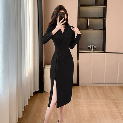 Long-Sleeve V-Neck Plain Side-Slit Ruched Midi Sheath Dress