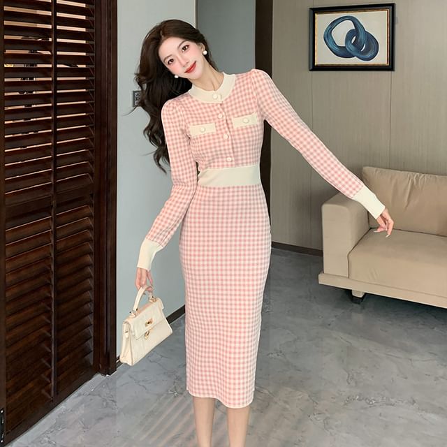 Long-Sleeve Henley Plaid Midi Sheath Dress