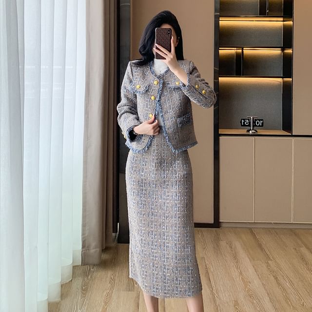 Crew Neck Fringed Contrast Trim Tweed Button Jacket / High Rise Slit Midi H-Line Skirt / Long-Sleeve Mock Neck Plain Knit Top / Set