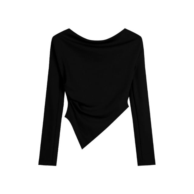 Off-Shoulder Long Sleeve Plain Ruched Cropped Top