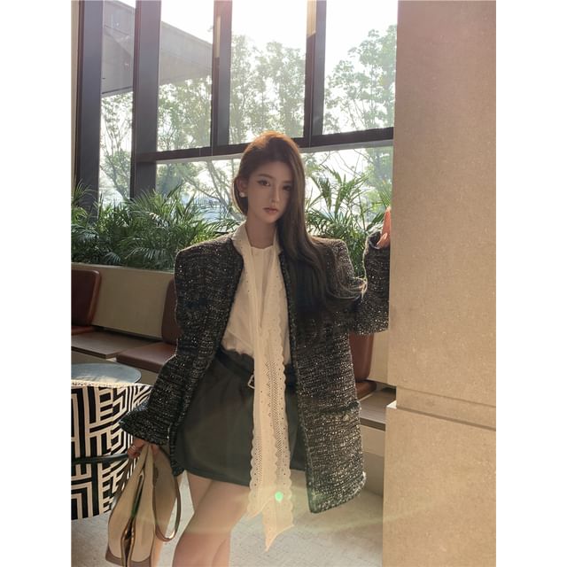 Long-Sleeve Tie-Neck Plain Lace Panel Blouse / High Rise Mini Pencil Skirt / Crew Neck Tweed Jacket / Belt